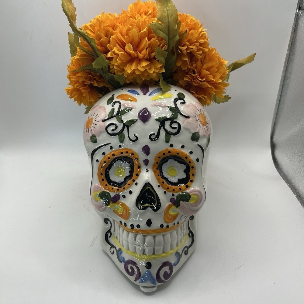 Halloween Day Of The Dead Sugar Skull Ceramic Orange Flowers Colorful